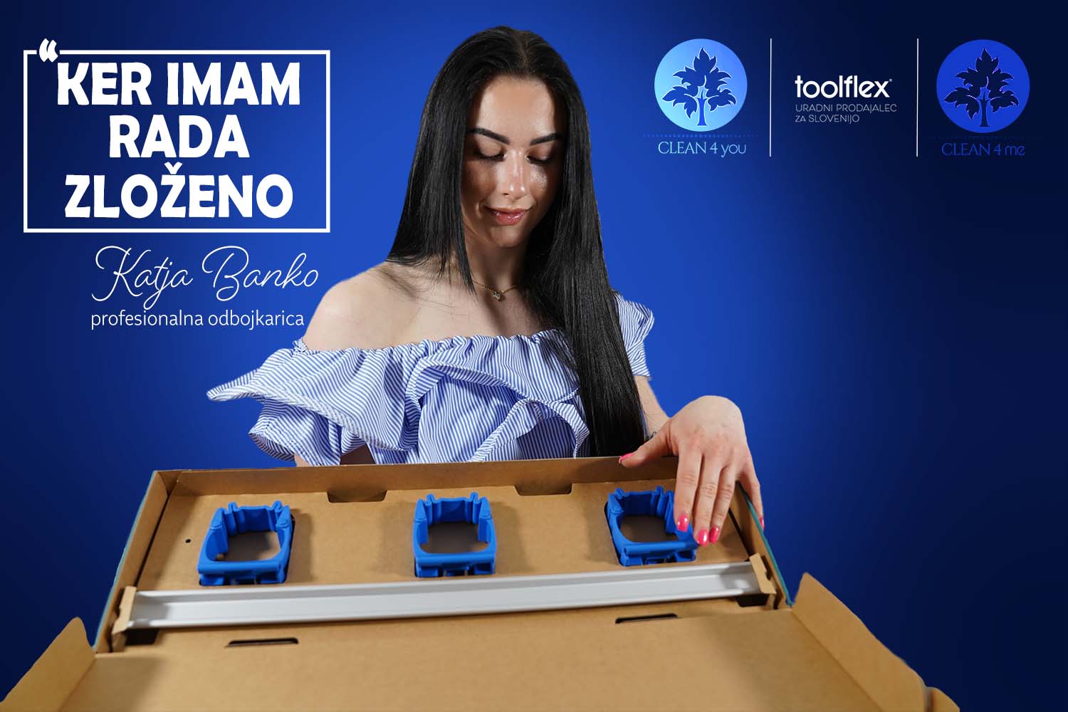 Katja Banko drži v roki škatlo z izdelki toolflex.
